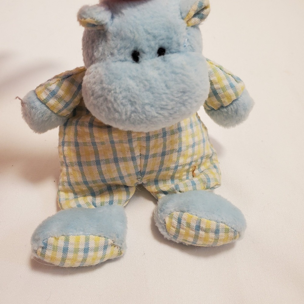 Russ Berrie Baby Plush Blue Hippo Yellow Plaid Squeaker Toy Vintage 3603 6in